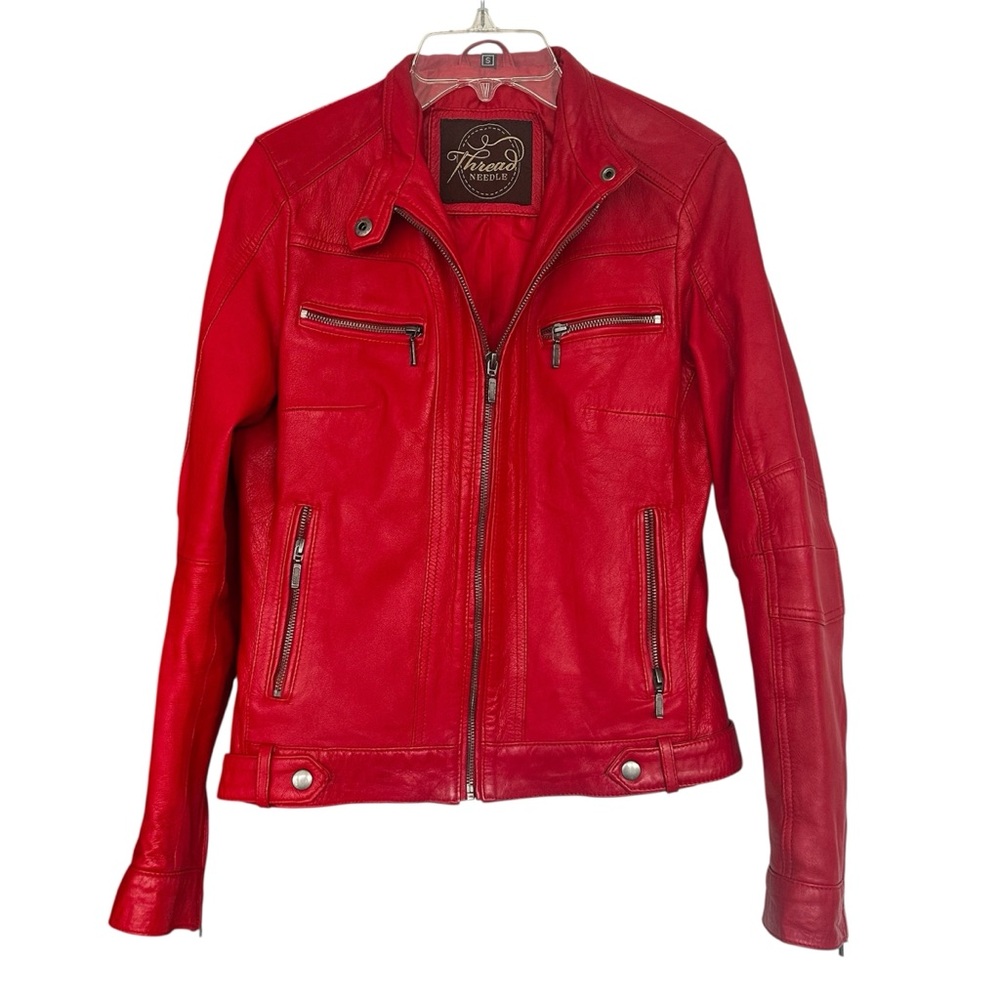 Genuine leather moto biker jacket red S